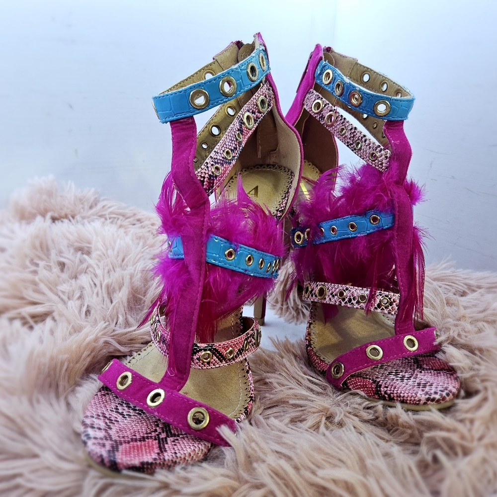 Pink and Turquoise Snakeskin and Feathered Heels